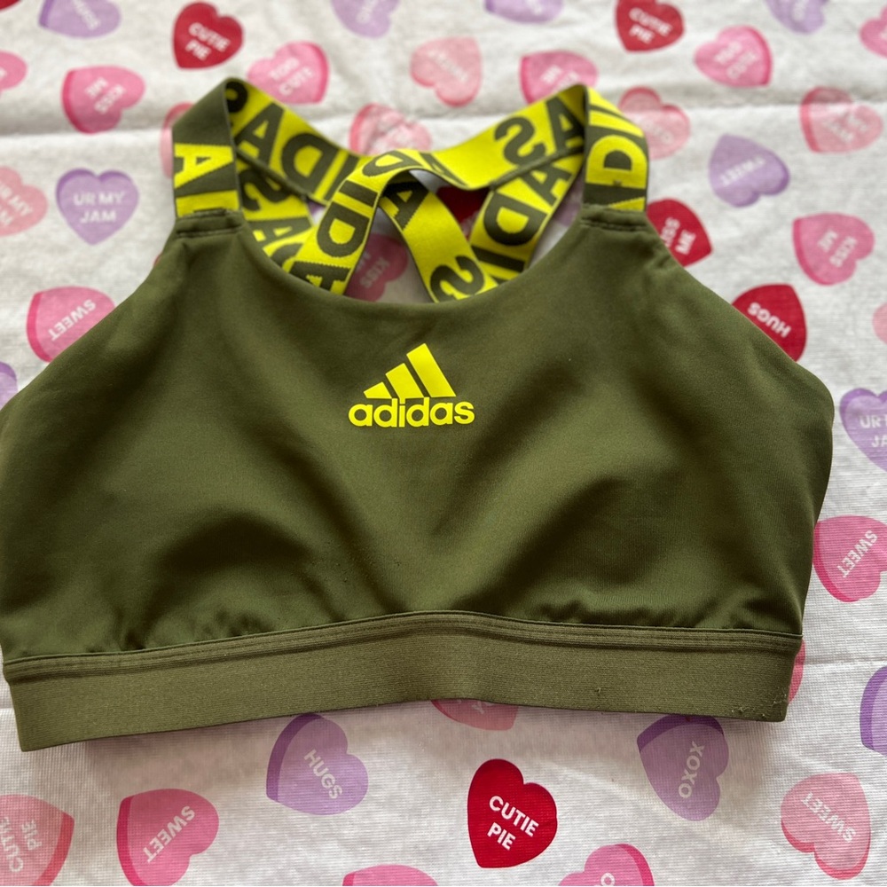 Adidas Khaki Sports Bra with Vibrant Yellow Accents